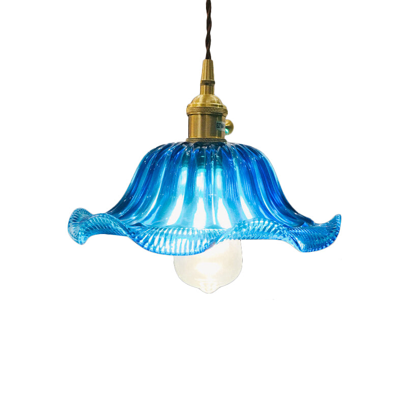 Industrial Scalloped Hanging Ceiling Light - 1-Light Blue Glass Pendant Fixture, 12" Wide