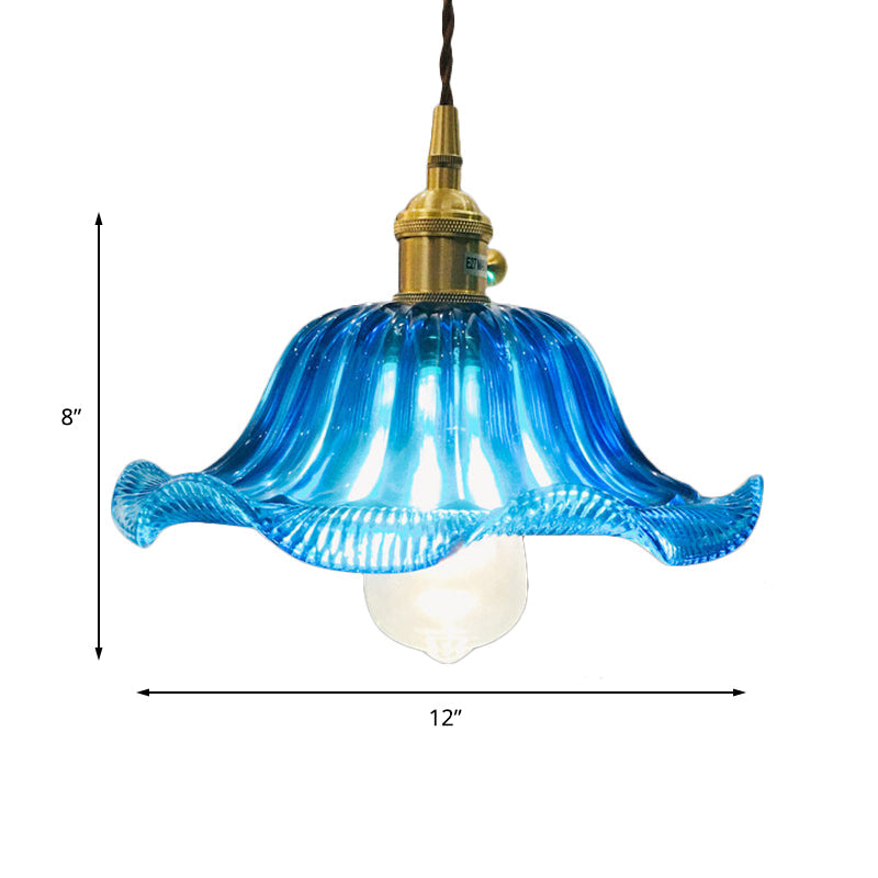 Industrial Scalloped Hanging Ceiling Light - 1-Light Blue Glass Pendant Fixture, 12" Wide