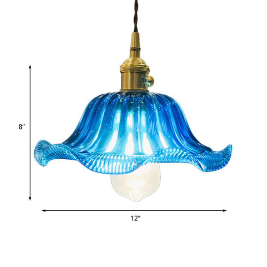 Industrial Scalloped Hanging Ceiling Light - 1-Light Blue Glass Pendant Fixture, 12" Wide