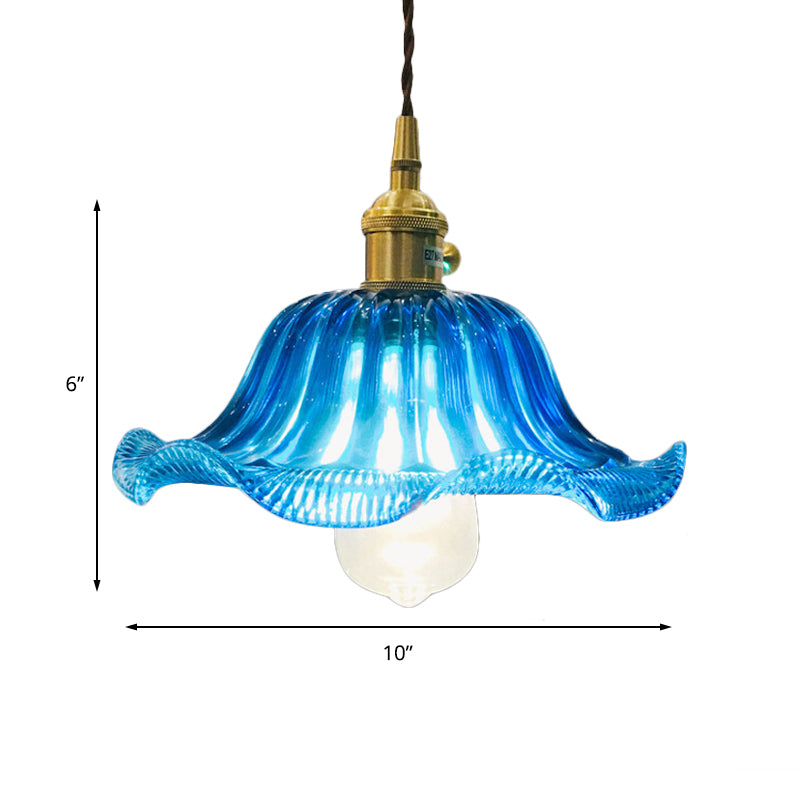 Industrial Scalloped Hanging Ceiling Light - 1-Light Blue Glass Pendant Fixture, 12" Wide