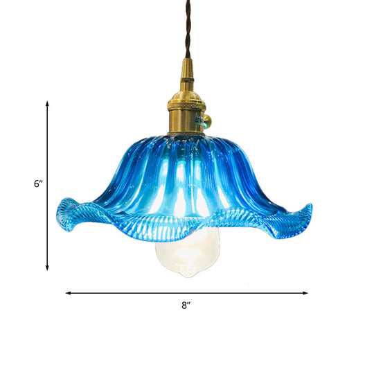 Industrial Scalloped Hanging Ceiling Light - 1-Light Blue Glass Pendant Fixture, 12" Wide