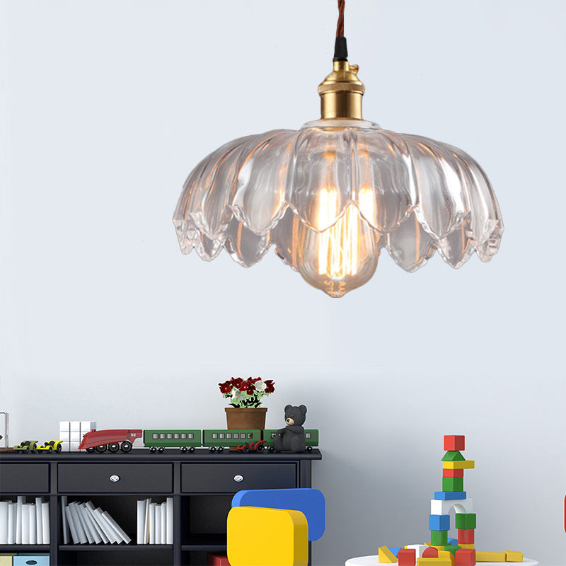 Clear Glass Industrial Pendant Light With Scalloped Shade - Single Bulb Hanging Ceiling Fixture For