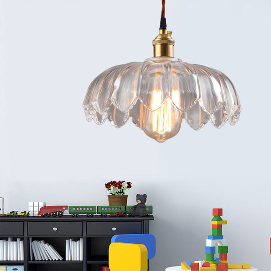 Clear Glass Industrial Pendant Light With Scalloped Shade - Single Bulb Hanging Ceiling Fixture For