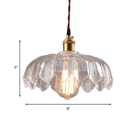 Clear Glass Industrial Pendant Light With Scalloped Shade - Single Bulb Hanging Ceiling Fixture For