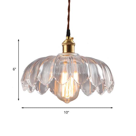 Clear Glass Industrial Pendant Light With Scalloped Shade - Single Bulb Hanging Ceiling Fixture For