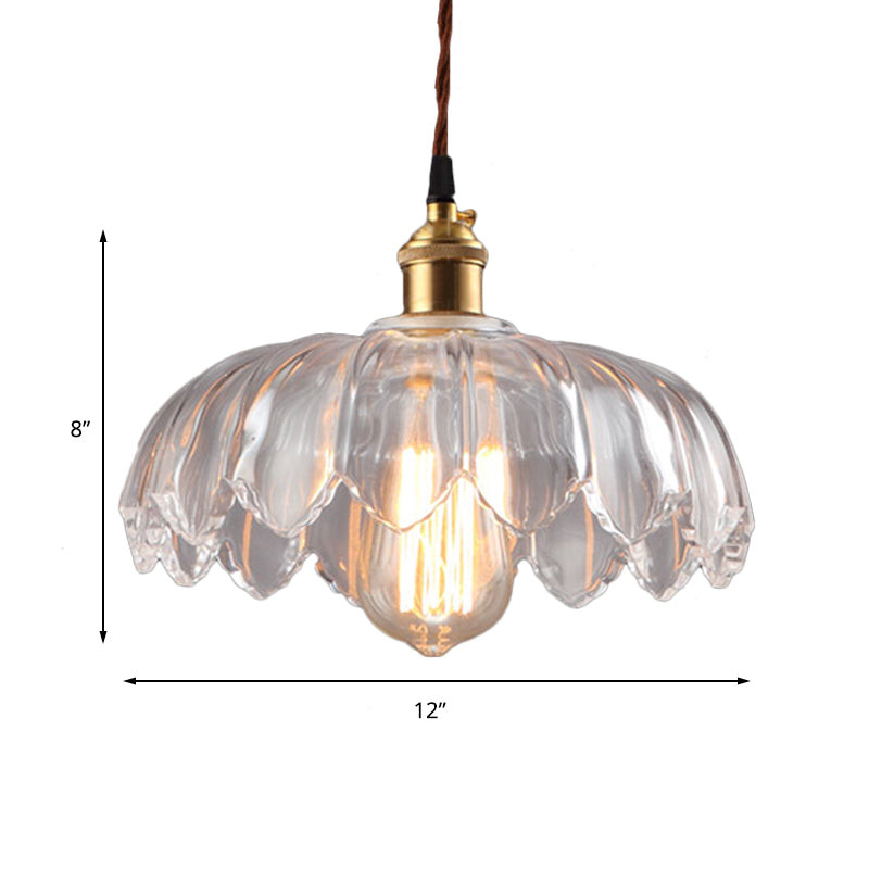 Clear Glass Industrial Pendant Light With Scalloped Shade - Single Bulb Hanging Ceiling Fixture For