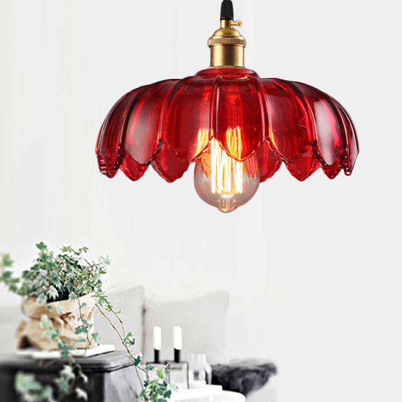 Industrial Scalloped Pendant Lamp - 1 Light Red Glass Hanging Ceiling Light for Living Room - 8"/10"/12" Wide