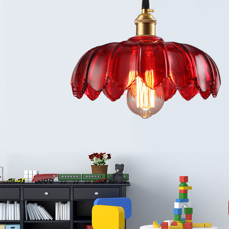 Industrial Red Glass Scalloped Pendant Lamp - 1 Light Ceiling Hanging Fixture For Living Room