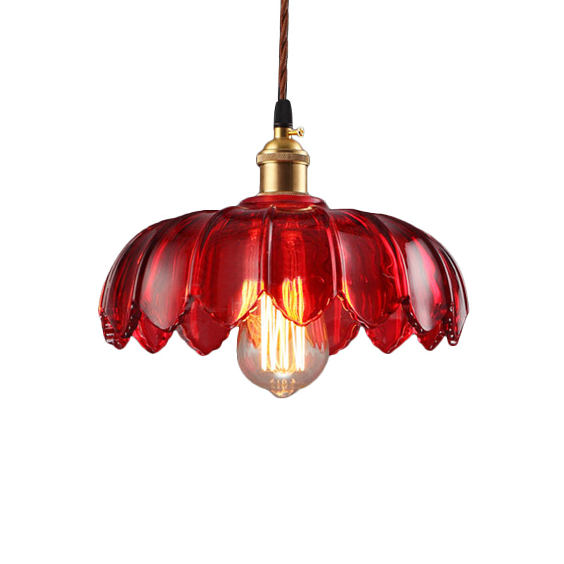 Industrial Scalloped Pendant Lamp - 1 Light Red Glass Hanging Ceiling Light for Living Room - 8"/10"/12" Wide