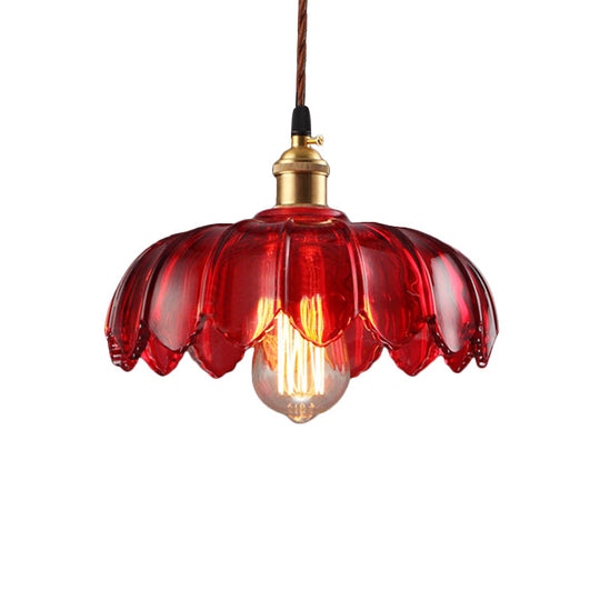 Industrial Red Glass Scalloped Pendant Lamp - 1 Light Ceiling Hanging Fixture For Living Room