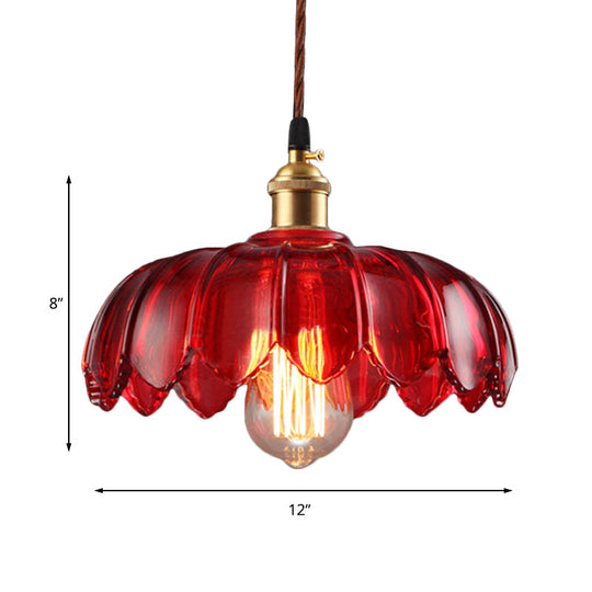 Industrial Scalloped Pendant Lamp - 1 Light Red Glass Hanging Ceiling Light for Living Room - 8"/10"/12" Wide