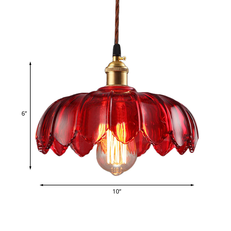 Industrial Scalloped Pendant Lamp - 1 Light Red Glass Hanging Ceiling Light for Living Room - 8"/10"/12" Wide