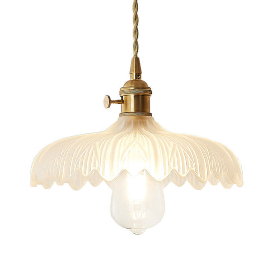 Brass Scalloped Pendant Ceiling Light with Frosted Glass - Farmhouse Style 1-Light Hanging Lamp for Living Room