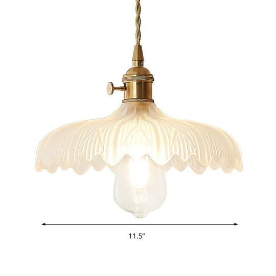 Brass Scalloped Pendant Ceiling Light with Frosted Glass - Farmhouse Style 1-Light Hanging Lamp for Living Room