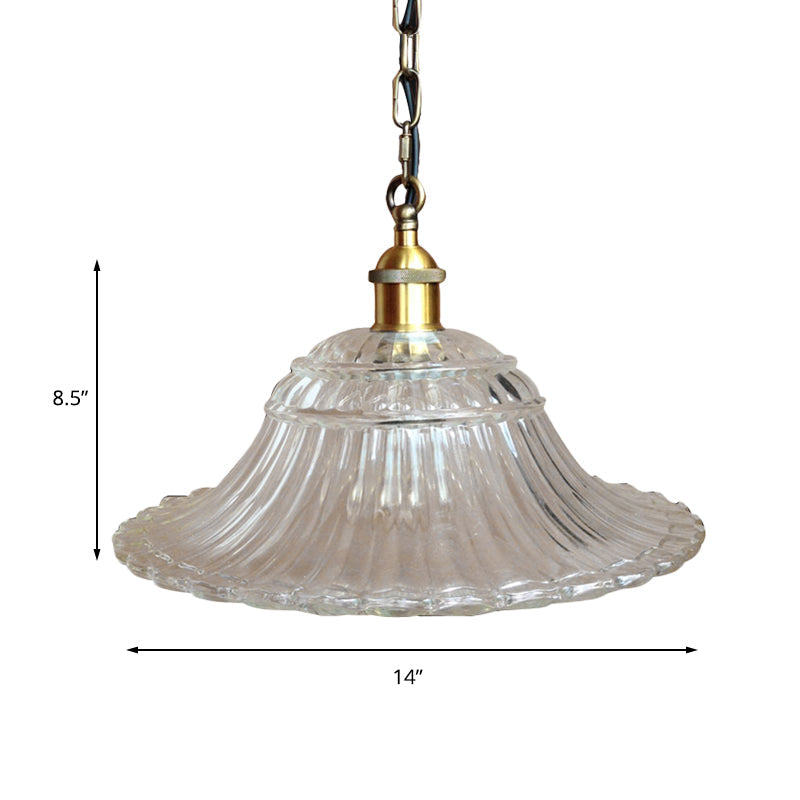 Vintage Brass Ribbed Glass Scalloped Pendant Ceiling Light Fixture - 1-Light Hanging Pendant