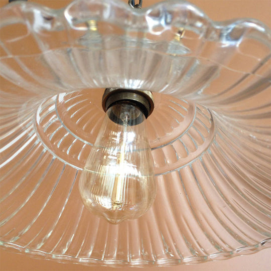 Vintage Brass Ribbed Glass Scalloped Pendant Ceiling Light Fixture - 1-Light Hanging Pendant