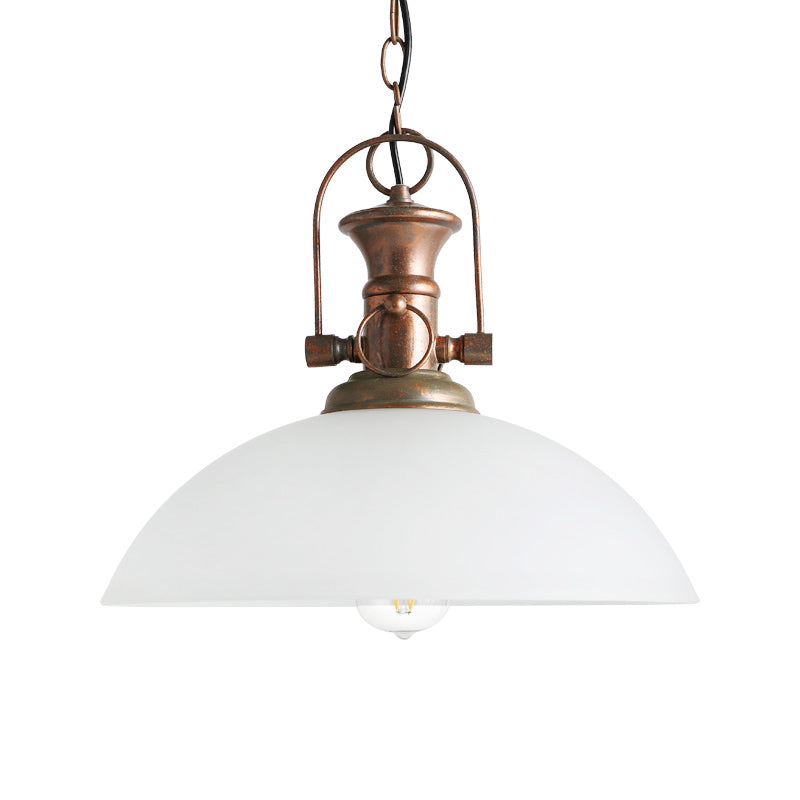 Industrial Dome Pendant Lighting Rust Finish 1-Light White/Green Glass Hanging Lamp - 12/15.5 Wide