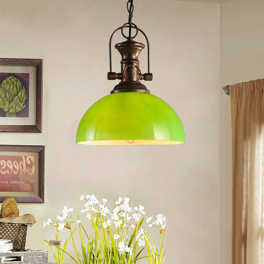 Industrial Dome Pendant Light - 12"/15.5" Wide - White/Green Glass - Rust Finish