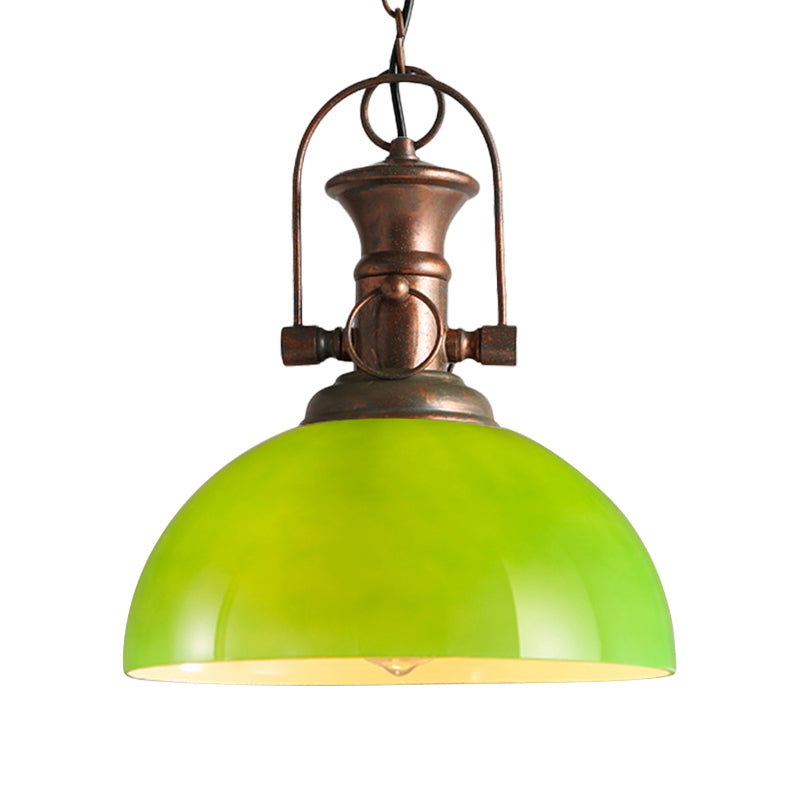 Industrial Dome Pendant Light - 12"/15.5" Wide - White/Green Glass - Rust Finish