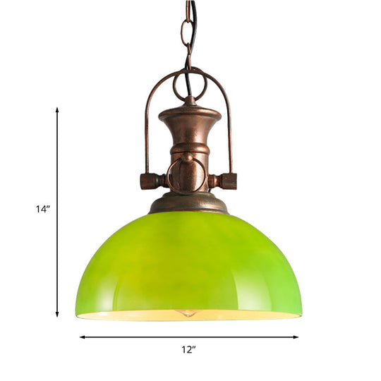 Industrial Dome Pendant Light - 12"/15.5" Wide - White/Green Glass - Rust Finish