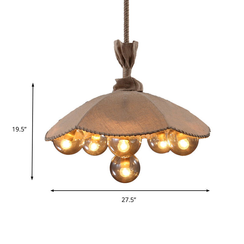 Beige Scalloped Pendant Light: Lodge Chandelier with 6 Fabric Heads & Glass Ball Shade