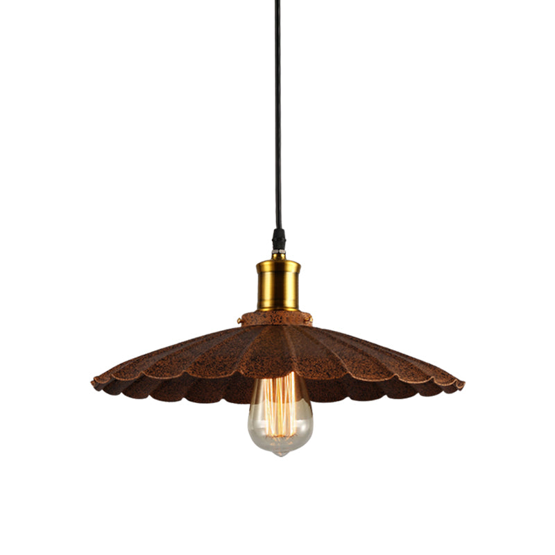 Scalloped Rust Finish Pendant Light - Lodge Style Iron Hanging Lamp 1 10/12 Diameter