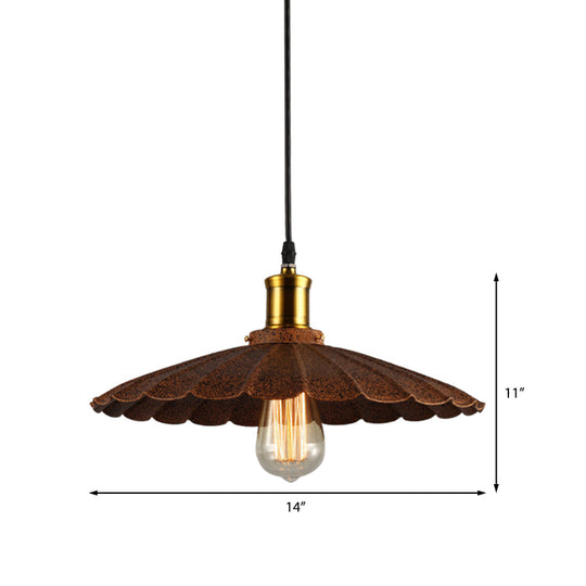 Scalloped Rust Finish Pendant Light - Lodge Style Iron Hanging Lamp 1 10/12 Diameter