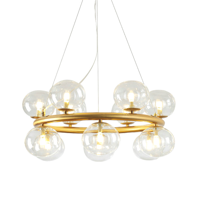 Modern 12-Bulb Gold Chandelier With Clear Glass Shade - Stylish Globe Suspension Light