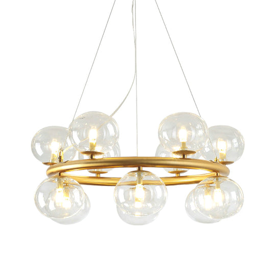 Modern 12-Bulb Gold Chandelier With Clear Glass Shade - Stylish Globe Suspension Light