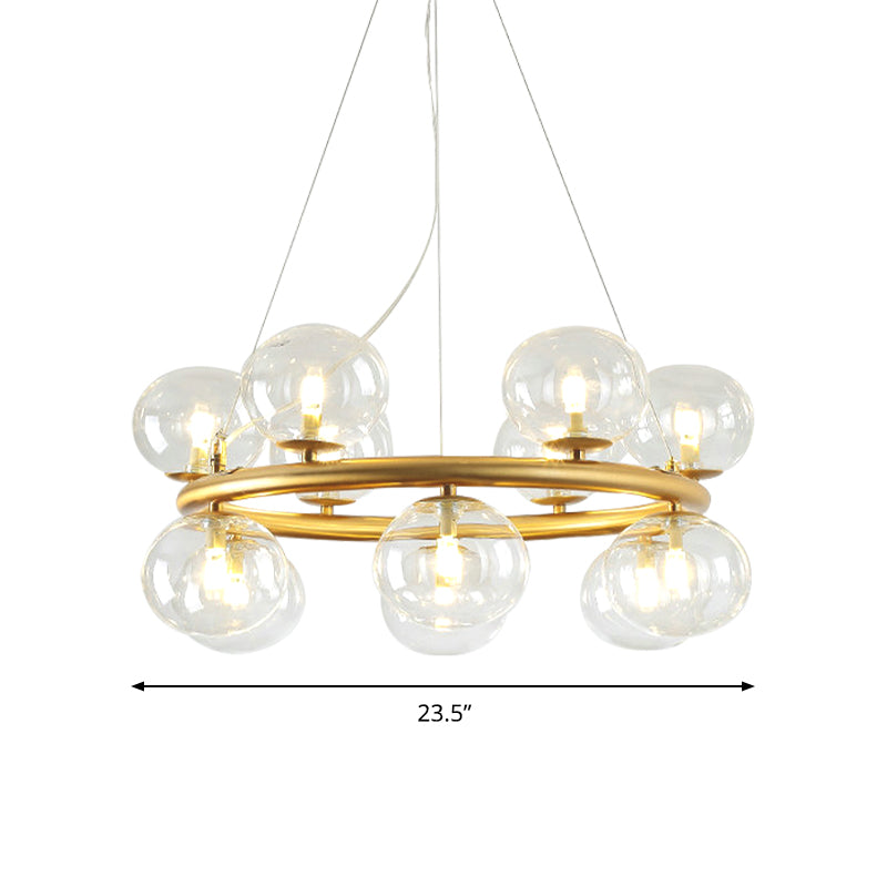 Modern 12-Bulb Gold Chandelier With Clear Glass Shade - Stylish Globe Suspension Light