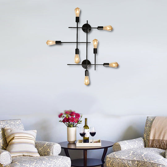 Industrial Black Metallic Cross Wall Sconce With Exposed Bulb - Multi Light Design For Table