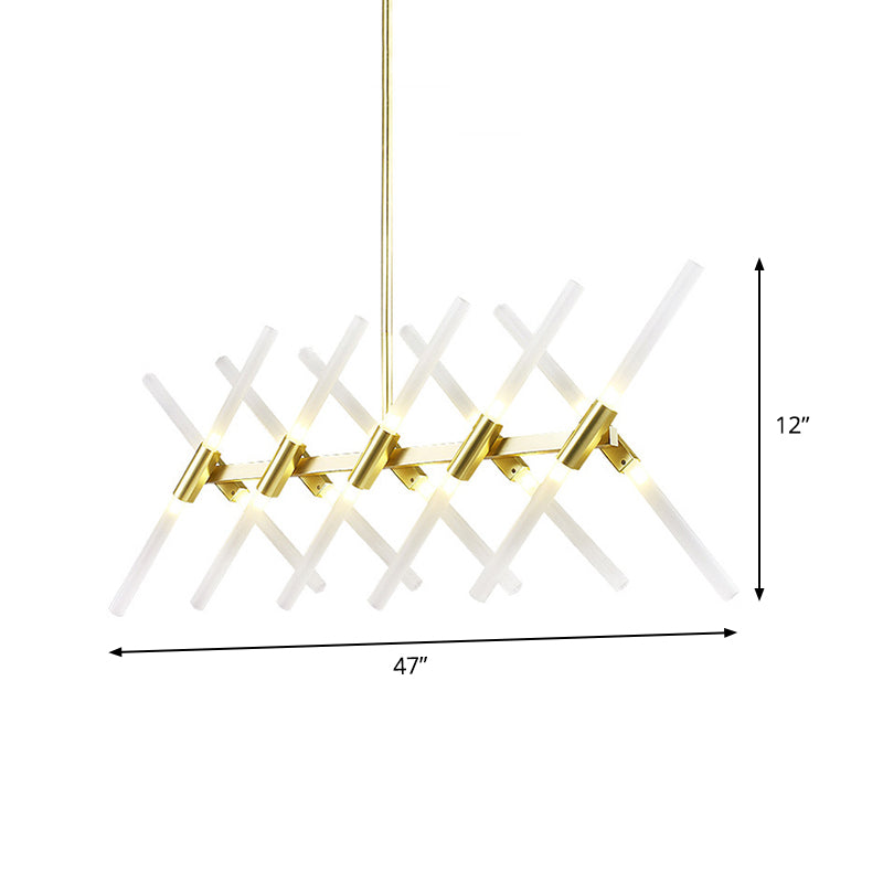 Contemporary Tubular Acrylic Island Light: 20-Head Gold Pendant With Extendable Rod