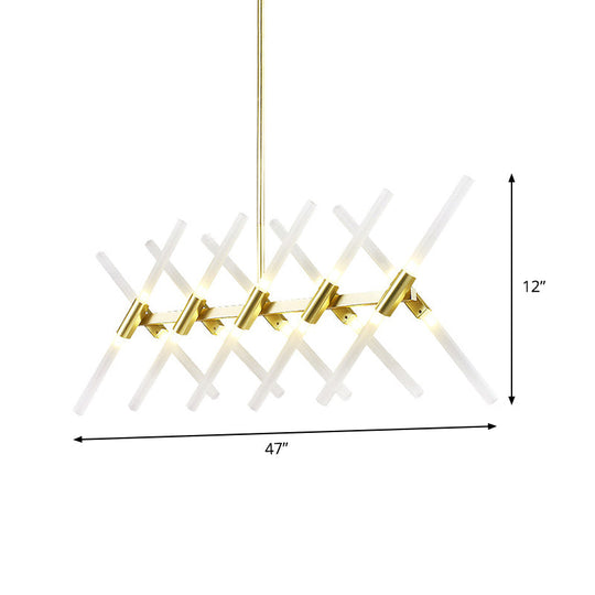 Contemporary Tubular Acrylic Island Light: 20-Head Gold Pendant With Extendable Rod