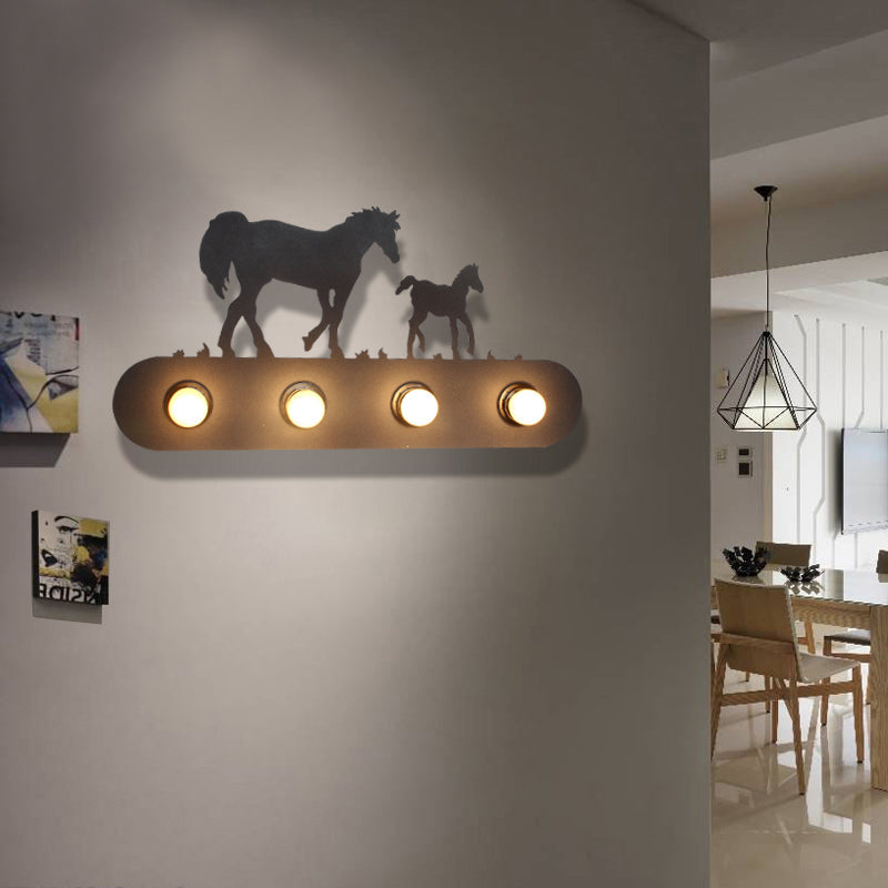 Lodge Open Bulb Wall Light With Nature-Inspired 4-Bulb Metallic Sconce In Black Indoor Use / Horse