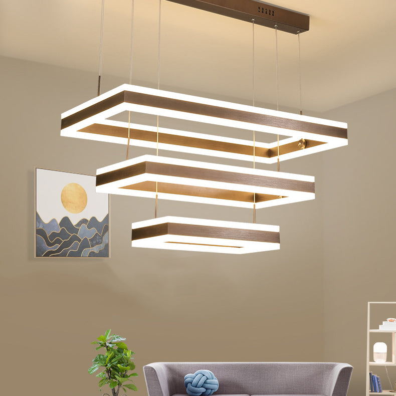 Contemporary Brown Rectangular Led Chandelier - Warm/White Light 1/2/3-Light Acrylic Pendant