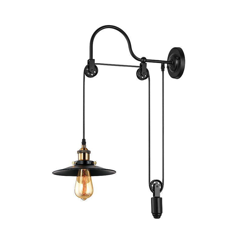 Industrial Style Wall Mounted Lamp: Adjustable Black Metallic Fixture With Pulley Design