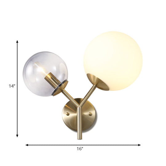 Modern Gold Globe Sconce Light Fixture - 2 Lights Wall Lamp With Smoke And White Glass Shades