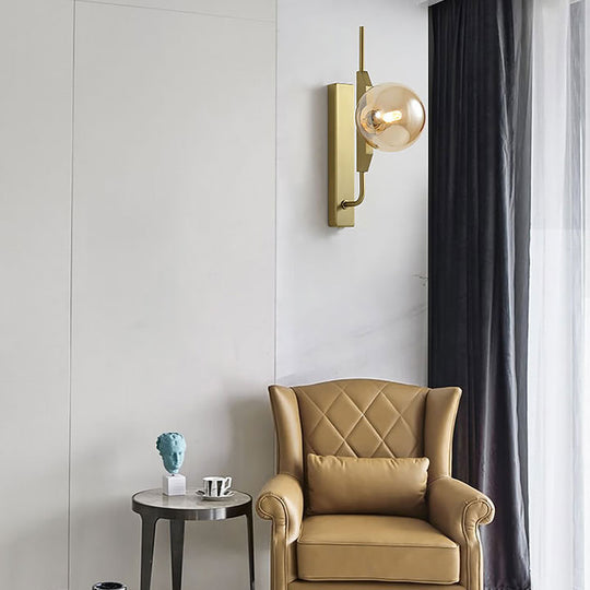 Modern Brass Wall Sconce With Sphere Glass Shade - Led Bedroom Lighting In Smoky/White/Amber