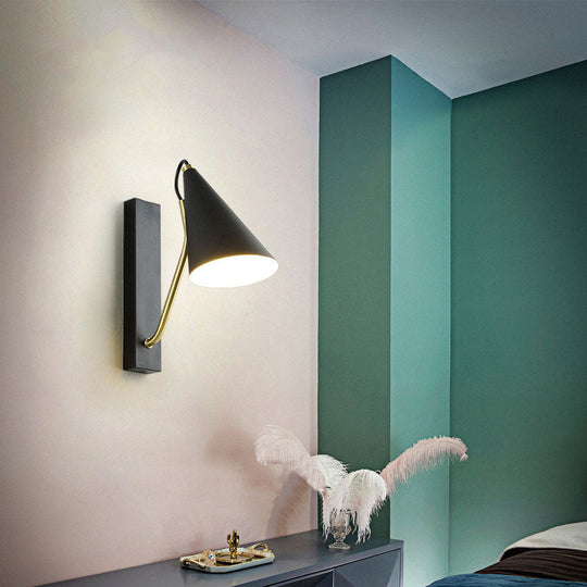 Modern Bedroom Wall Sconce With Cone Shade And Iron Base - Simple 1-Light Black/White Lamp