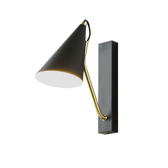 Modern Bedroom Wall Sconce With Cone Shade And Iron Base - Simple 1-Light Black/White Lamp