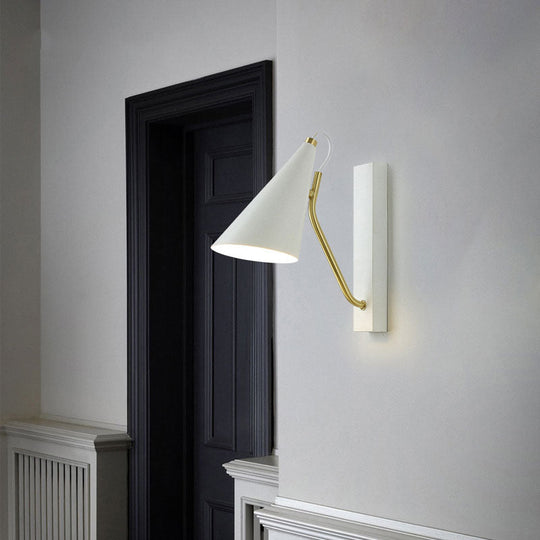 Modern Bedroom Wall Sconce With Cone Shade And Iron Base - Simple 1-Light Black/White Lamp