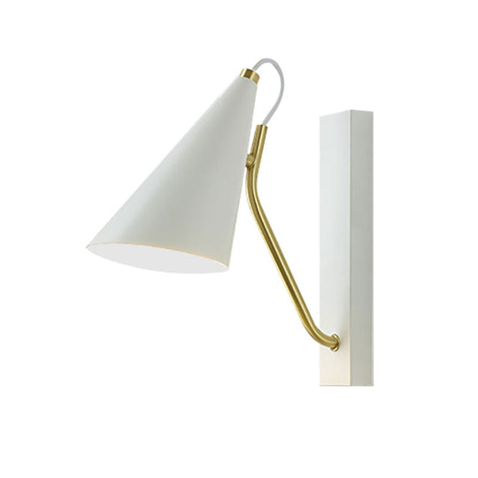 Modern Bedroom Wall Sconce With Cone Shade And Iron Base - Simple 1-Light Black/White Lamp