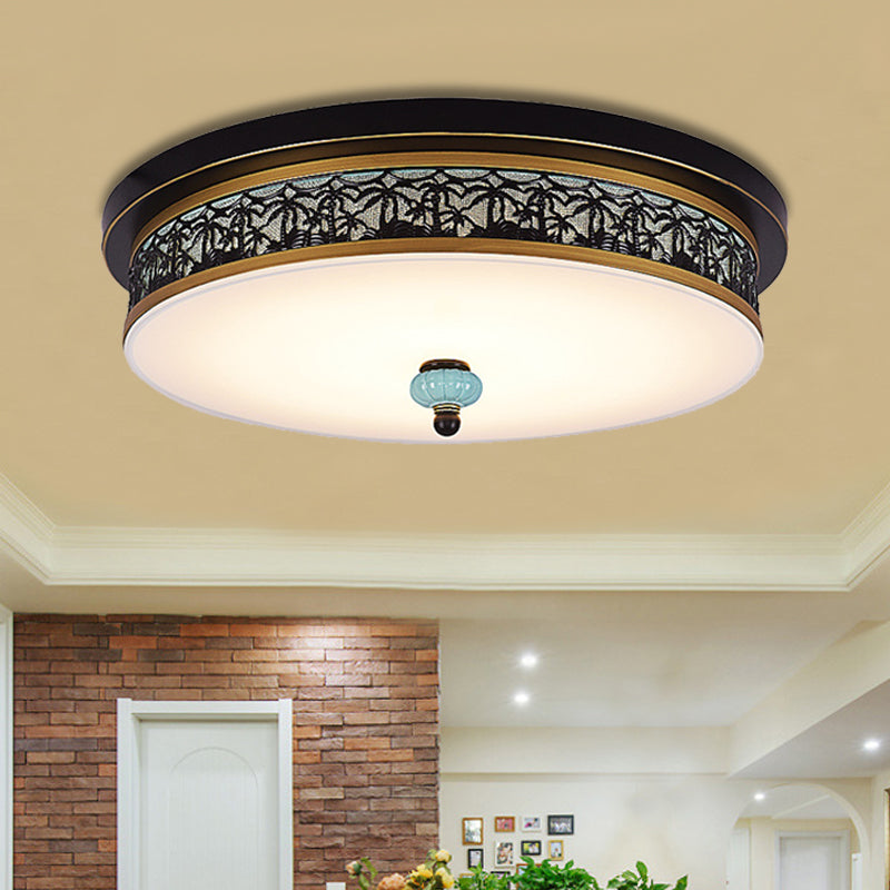 16" - 19.5" W LED Flush Mount Ceiling Light Fixture | Black-Gold | Opal Glass Drum | Dining Hall