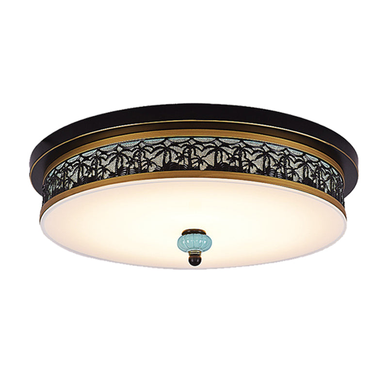 16" - 19.5" W LED Flush Mount Ceiling Light Fixture | Black-Gold | Opal Glass Drum | Dining Hall