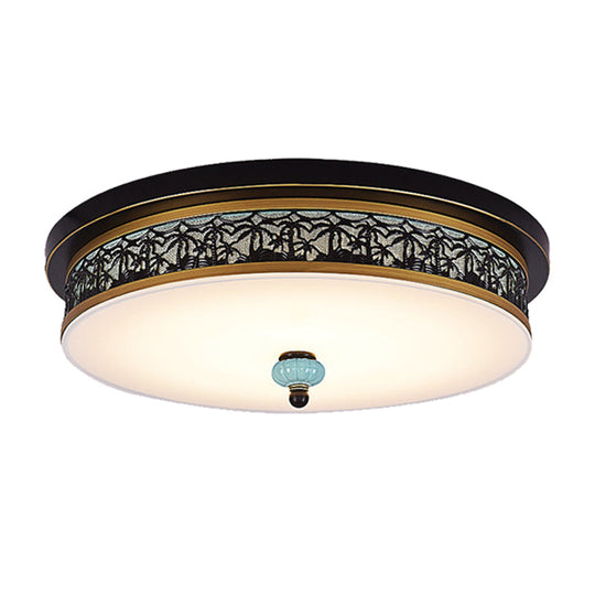 16" - 19.5" W LED Flush Mount Ceiling Light Fixture | Black-Gold | Opal Glass Drum | Dining Hall