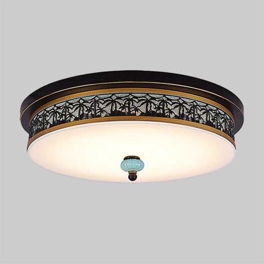 16" - 19.5" W LED Flush Mount Ceiling Light Fixture | Black-Gold | Opal Glass Drum | Dining Hall