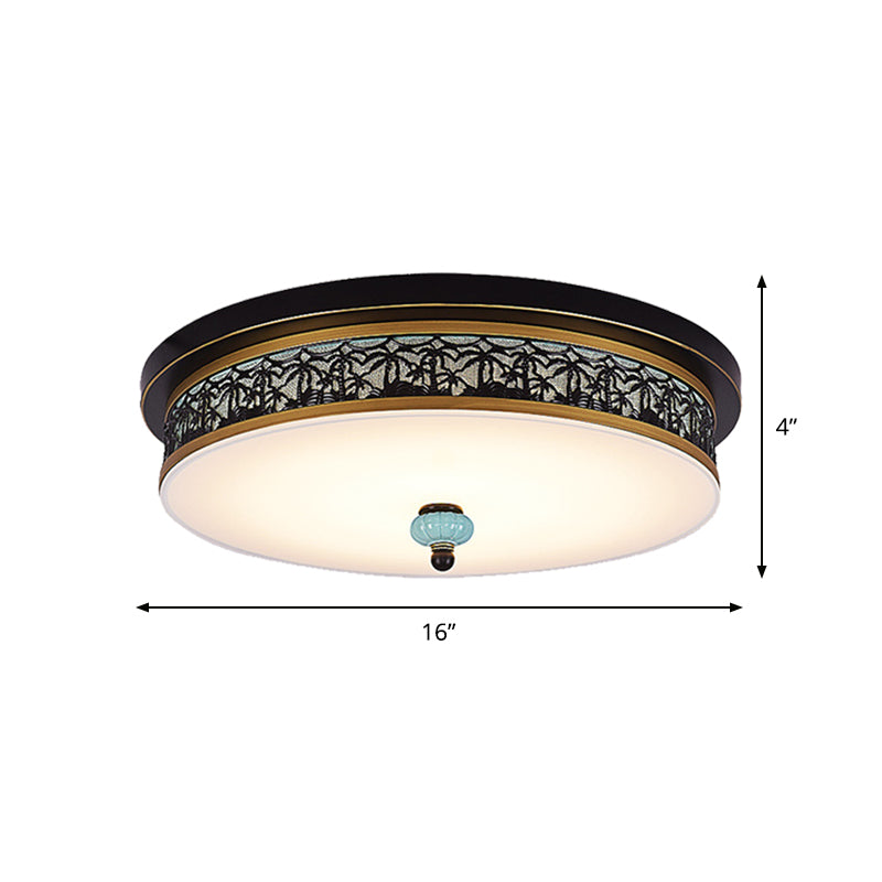 16" - 19.5" W LED Flush Mount Ceiling Light Fixture | Black-Gold | Opal Glass Drum | Dining Hall