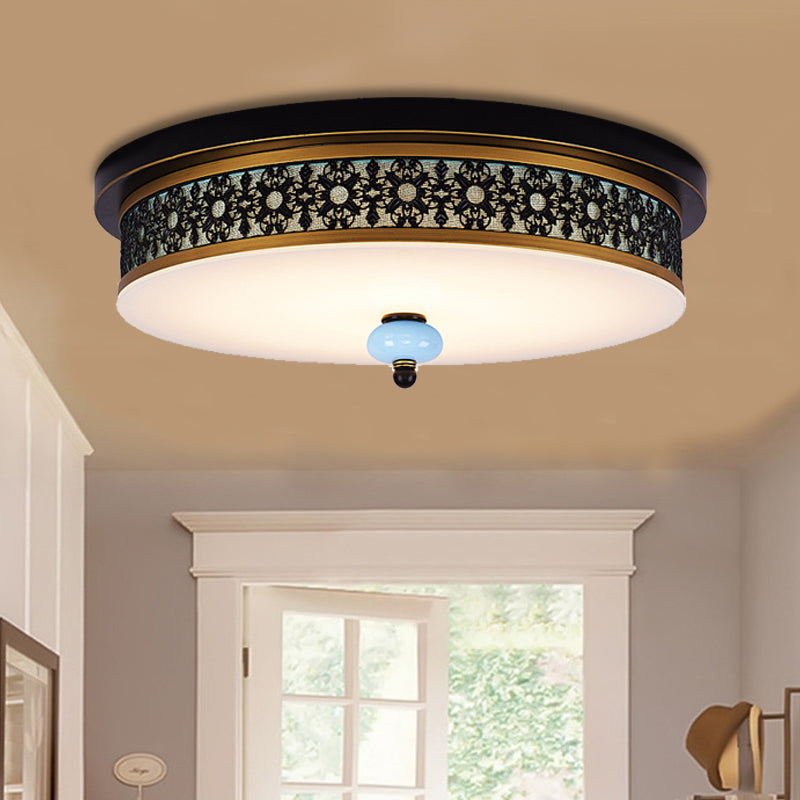 16" - 19.5" W LED Flush Mount Ceiling Light Fixture | Black-Gold | Opal Glass Drum | Dining Hall