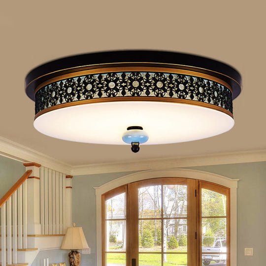 16" - 19.5" W LED Flush Mount Ceiling Light Fixture | Black-Gold | Opal Glass Drum | Dining Hall