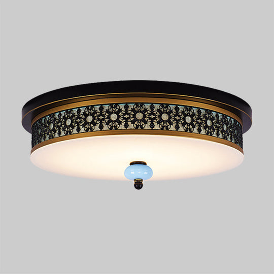 16" - 19.5" W LED Flush Mount Ceiling Light Fixture | Black-Gold | Opal Glass Drum | Dining Hall